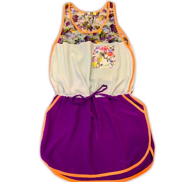 MSGM silk mini dress with drawstring and fun mix of floral and solid panels - Picture 1 of 9